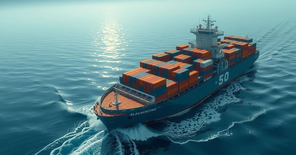 A car carrier loaded with electric vehicles, sailing towards a port under a cloudy sky, showcasing international trade.
