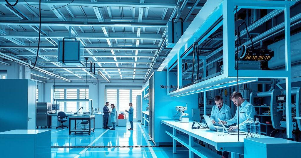 A vibrant semiconductor manufacturing hub with advanced machinery and engineers at work, showcasing Malaysia's tech ambitions.