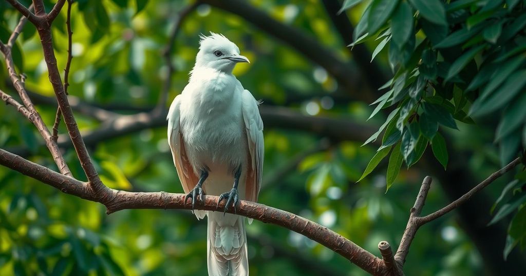 A serene view of a white tern perched on a tree, surrounded by lush greenery in Honolulu.
