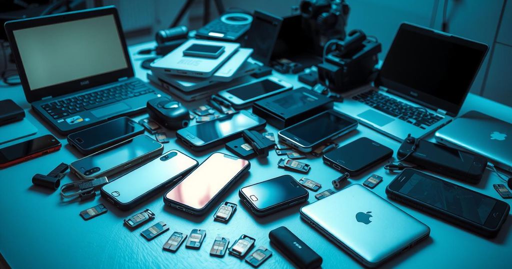 A police raid scene with seized smartphones and SIM cards on a table, symbolizing cyber crime busts in a tech environment.