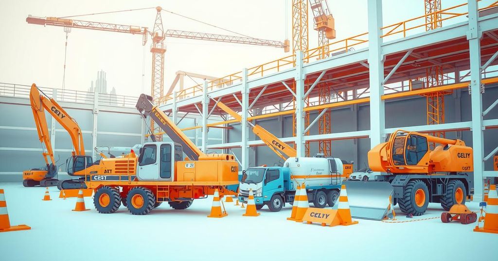 Construction site with safety signs and heavy machinery, showcasing an industrial environment in pastel colors.
