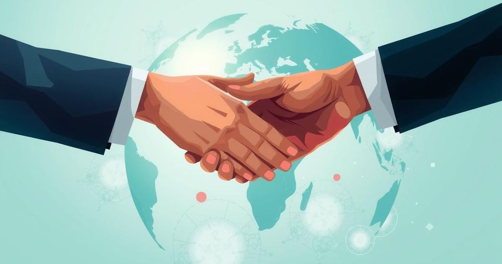 An abstract representation of diplomacy with symbolic elements like shaking hands, national flags, and a globe in soft colors.