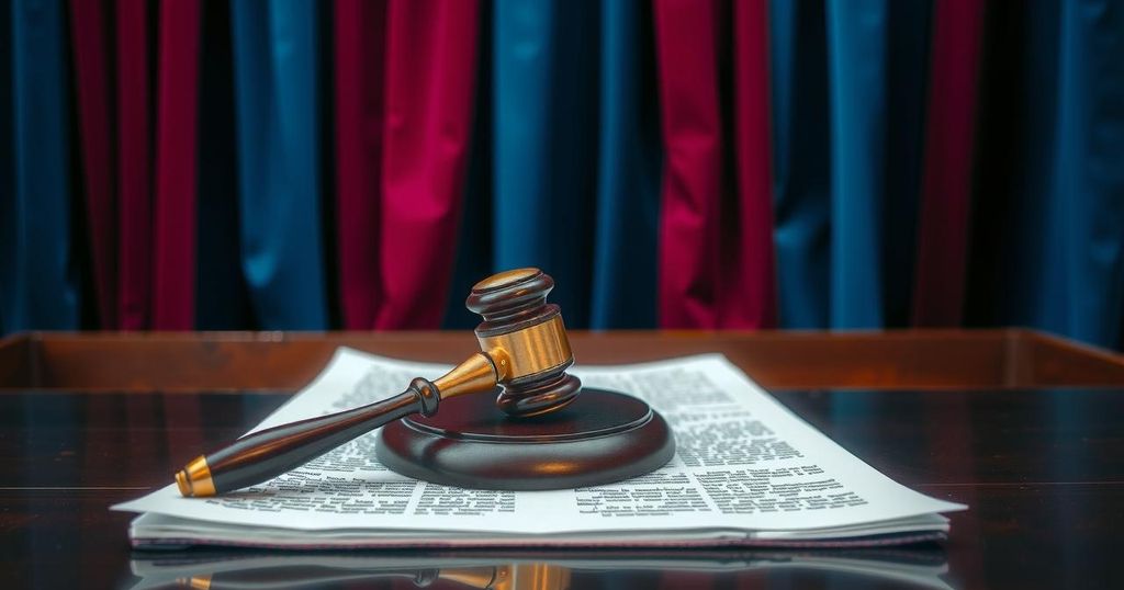 A courtroom scene featuring a gavel, legal documents, and flags, showcasing justice and law.