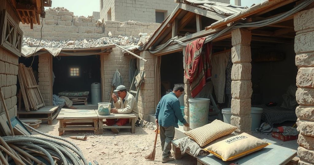 A dramatic construction site depicting poor living conditions and a sense of despair, in a somber color palette.