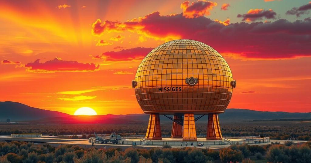 A golden dome structure resembling a missile defense system surrounded by a colorful landscape with vivid skies.