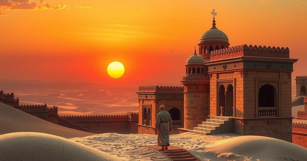 Desert landscape with traditional Middle Eastern architecture and vibrant sunset colors, representing a political journey.