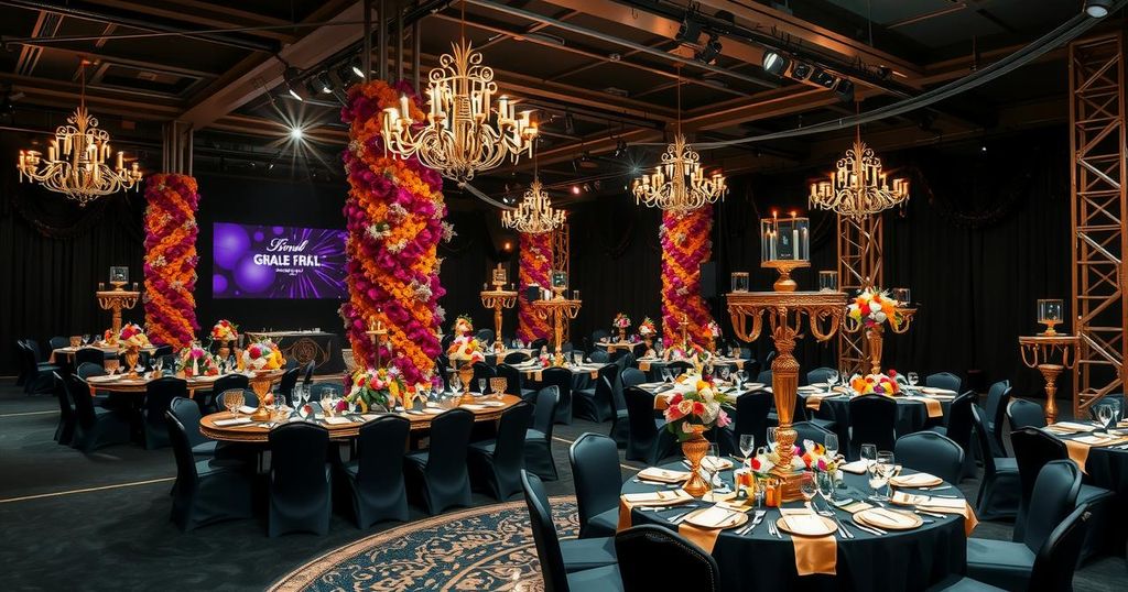 Elegant event venue decorated with black and gold accents, showcasing a luxurious atmosphere and festive ambiance.