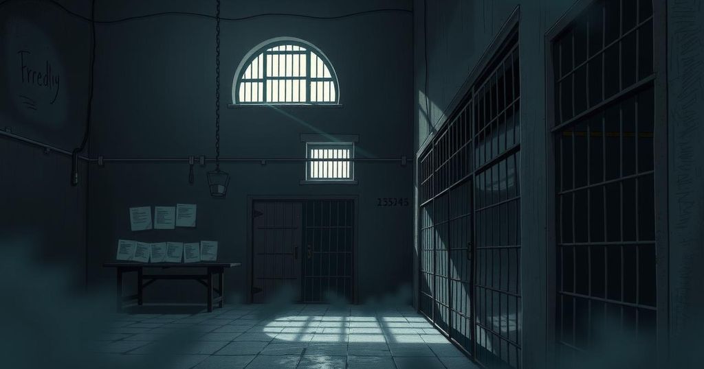 Overcrowded prison cells with dark walls, bars, and a gloomy atmosphere reflecting hopelessness and despair.