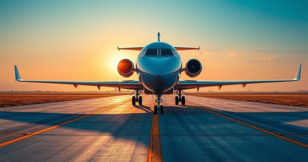 A luxury airplane sits on a runway against a clear blue sky, symbolizing political intrigue and controversy.