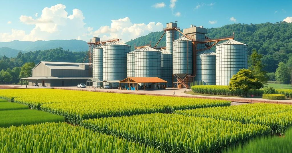 A modern rice mill facility in a vast agricultural field, showcasing green crops and silos under a clear blue sky.