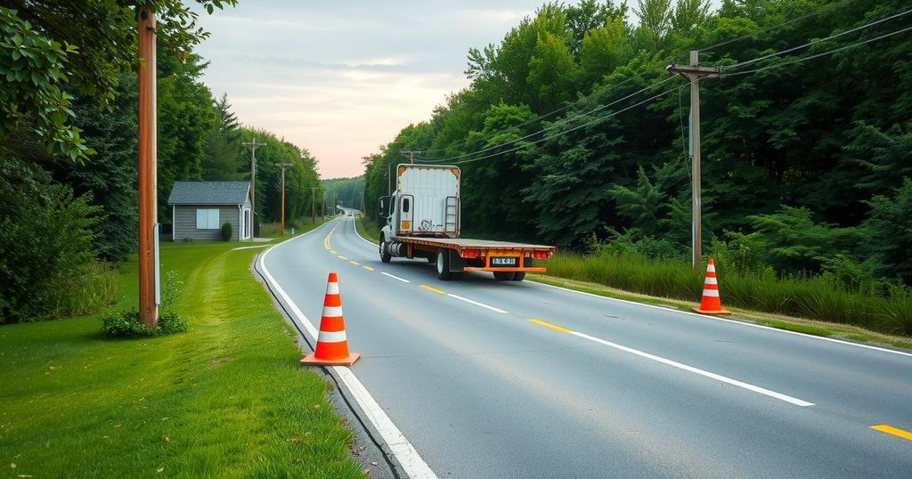 A serene landscape depicting a quiet road lined with trees, with parked trailers and traffic cones, showcasing safety measures.