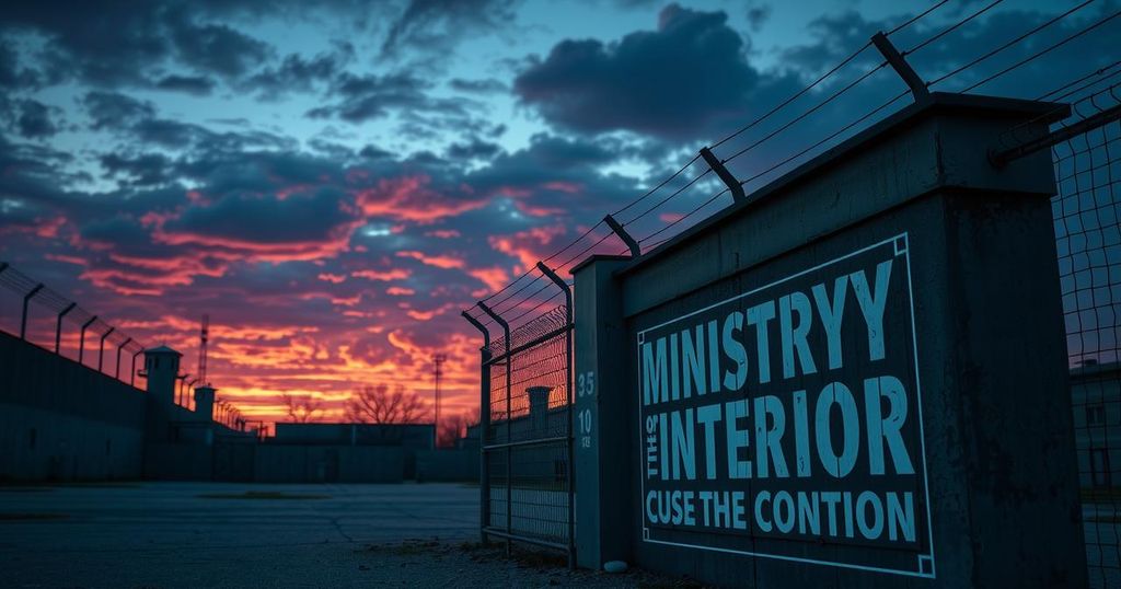 A close-up of a compound with a Ministry of the Interior sign at twilight, surrounded by barbed wire and security features.
