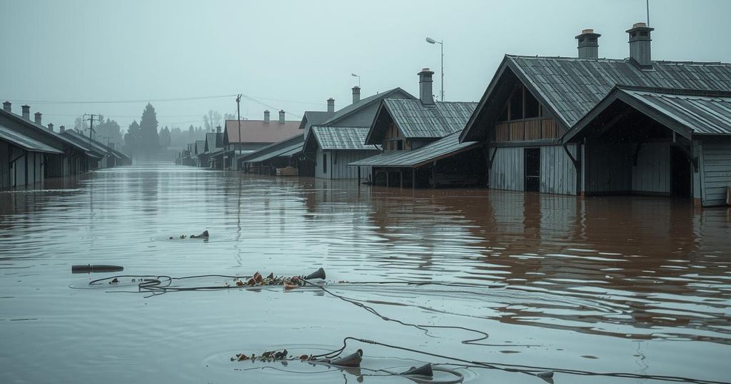 Devastating flooding in a market town, with submerged homes and debris swept along by brown waters under gray skies.