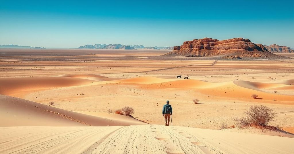 A landscape featuring barren desert terrain under a bright sky, symbolizing migration and journeys.
