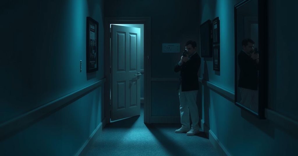An illustrated scene of a hotel corridor at night, showcasing a closed door with shadows of armed figures outside.