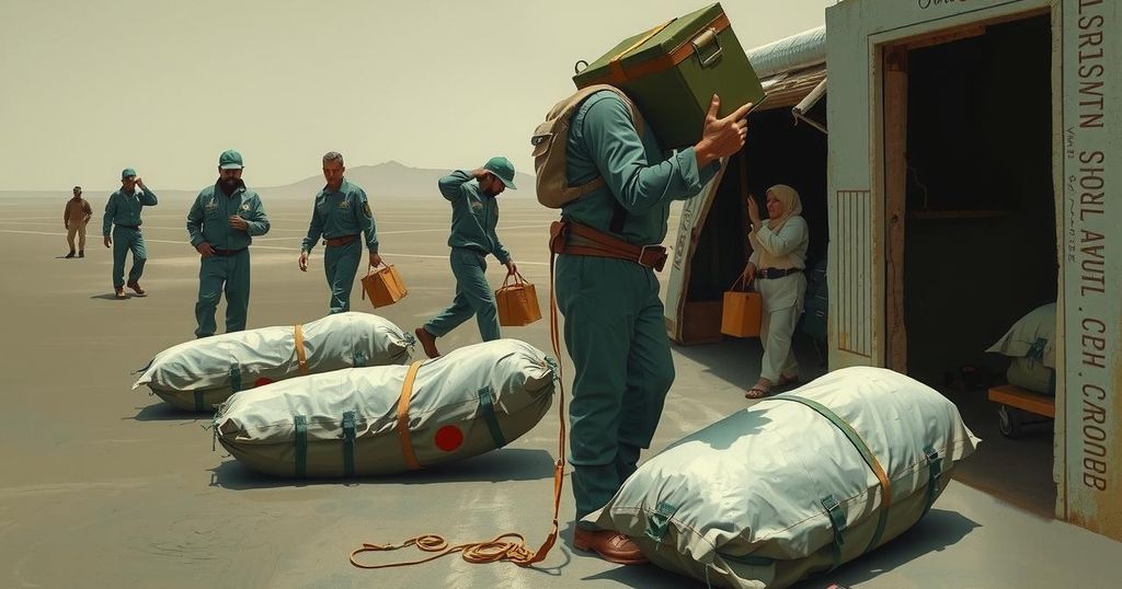 A snapshot of humanitarian workers handling body bags amidst a muted color palette, evoking a serious atmosphere.