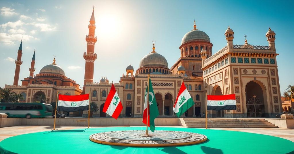 A colorful depiction of Middle Eastern landmarks surrounded by negotiations, flags, and cultural symbols.