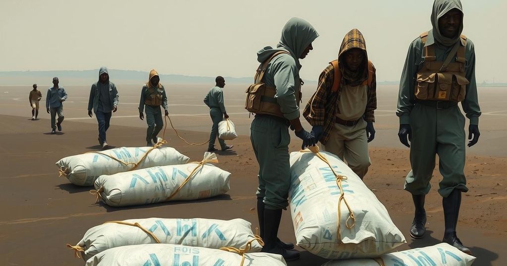 A somber scene of humanitarian work in Goma, reflecting serious issues in conflict zones with muted colors.