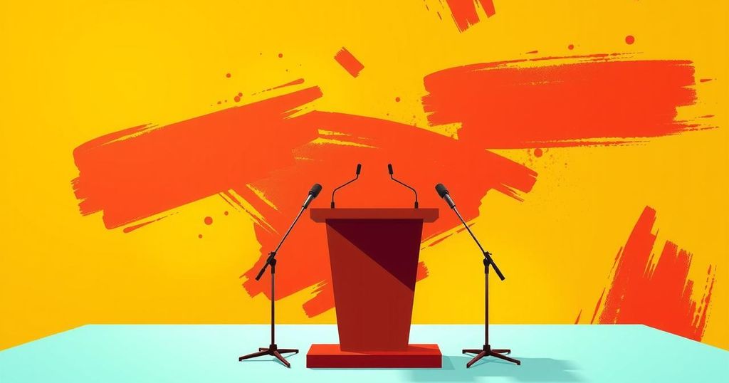 A colorful illustration of a morning press conference setting featuring microphones, flags, and a podium.