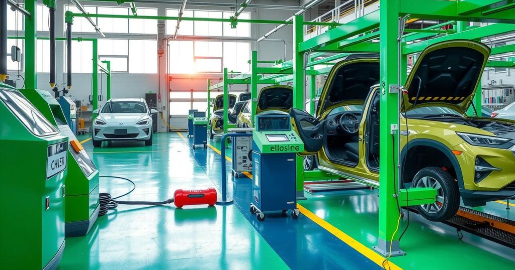 Electric vehicle assembly plant with machinery, tools, and electric cars in a vibrant industrial setting.