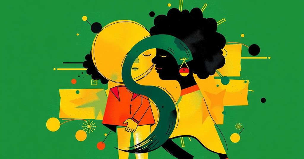 A vibrant abstract interpretation of Tanzanian culture and creativity in television, symbolizing marriage themes.