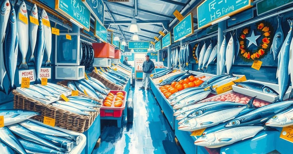 A vibrant fish market filled with a variety of fresh seafood in a bustling environment.
