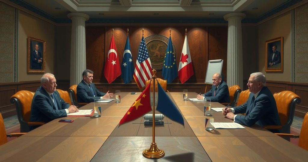 A tense diplomatic meeting scene with a negotiation table and two flags in a government office setting.