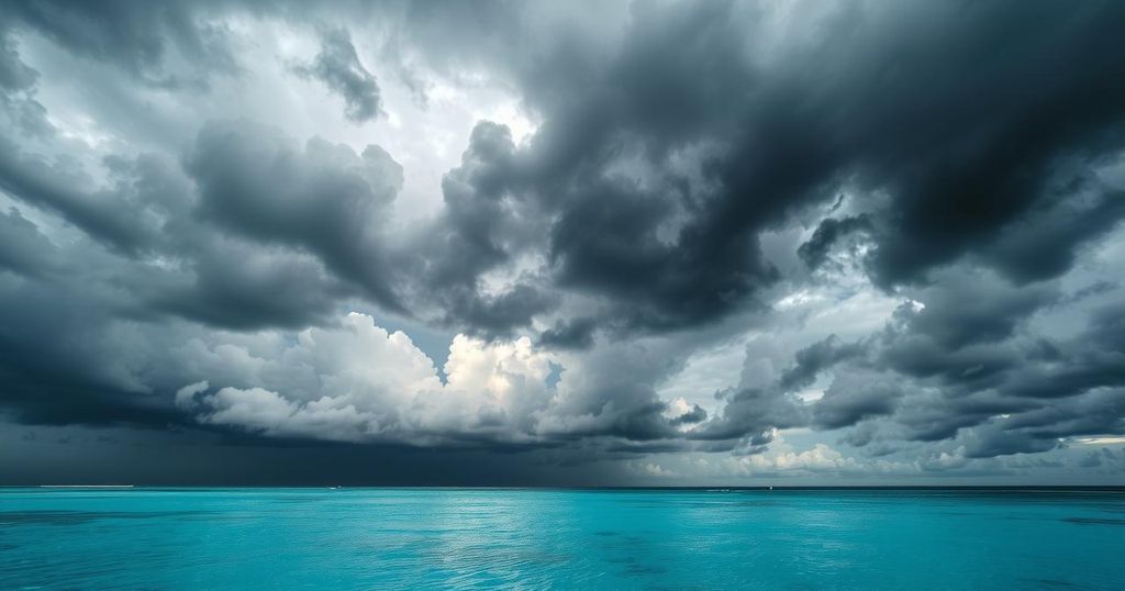 Dark clouds gather over Caribbean waters, signaling the onset of thunderstorms and heavy rainfall.