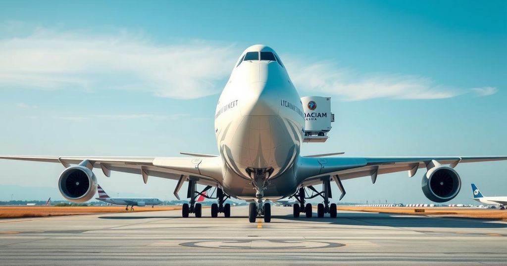 A luxurious Boeing 747-8 on a runway, symbolizing political discussions and foreign relations.