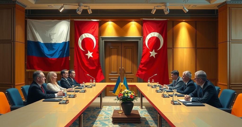 Peace talks negotiation scene in Turkey with flags and symbols representing the involved nations, set in warm tones.