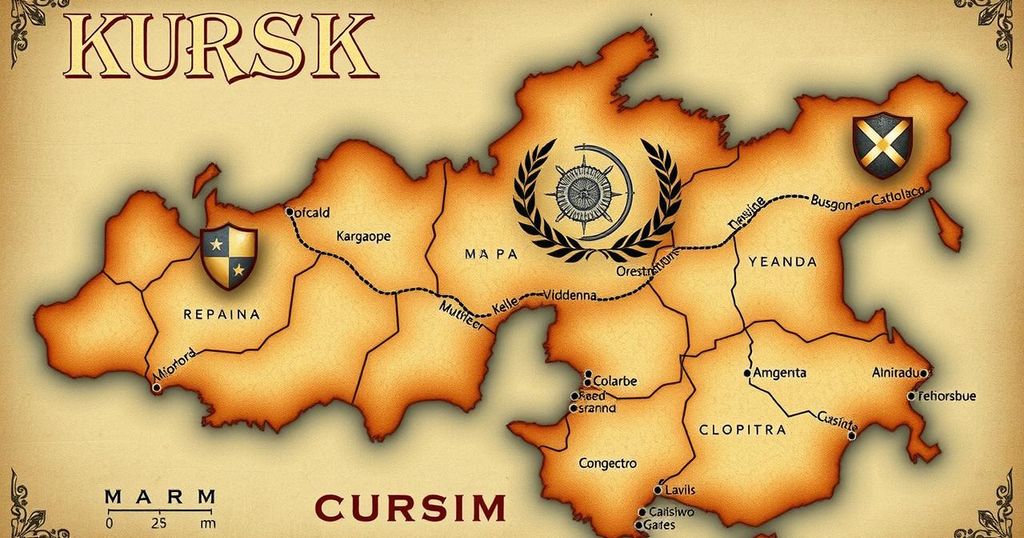 A stylized map showcasing the Kursk region with symbolic elements representing alliances and collaboration.
