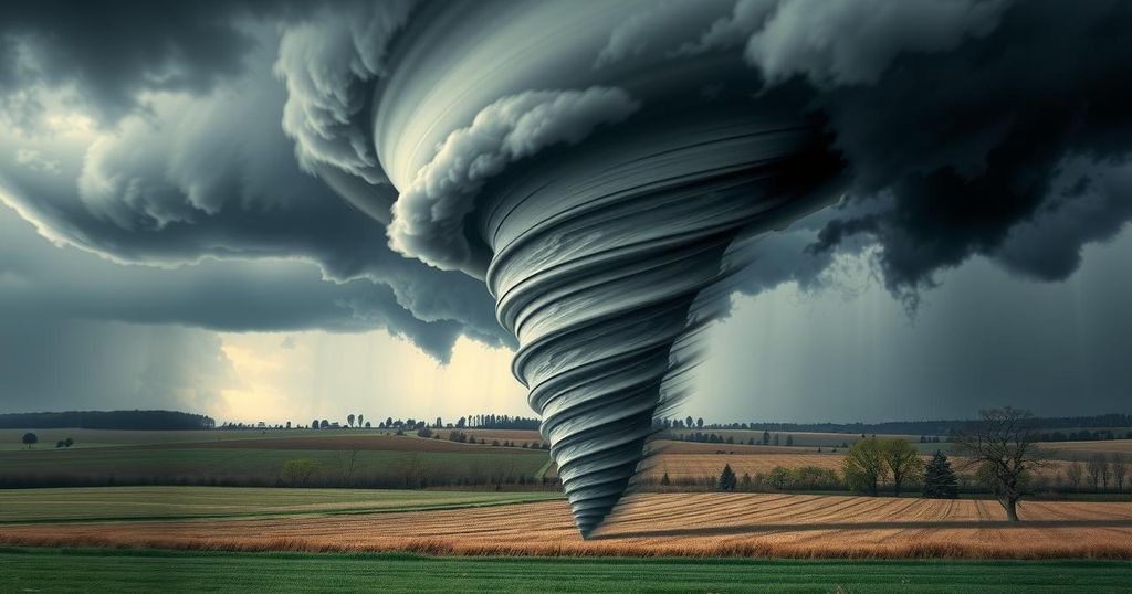 A dramatic landscape depicting a tornado tearing through a rural area with dark storm clouds.