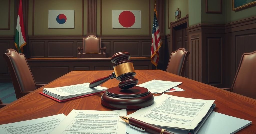 A courtroom scene showing a gavel, legal documents, and flags symbolizing international trade, in an austere style with muted colors.
