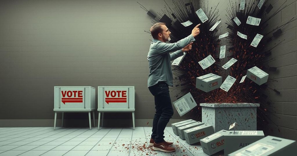 A contrasting scene depicting empty voting booths juxtaposed with chaotic election scenes and ballot boxes under scrutiny.