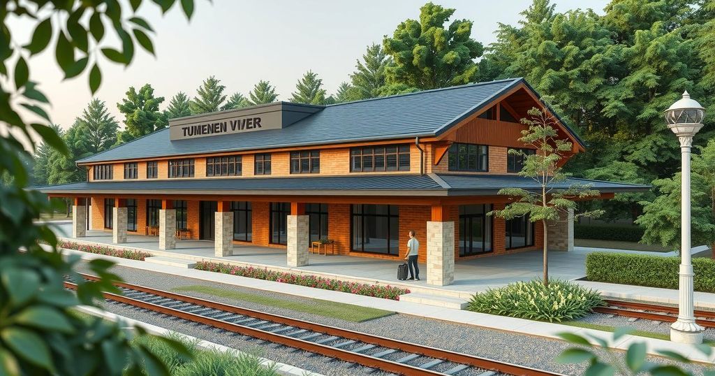 Renovated Tumen River railway station connecting North Korea and Russia, showcasing modern architecture amid greenery.