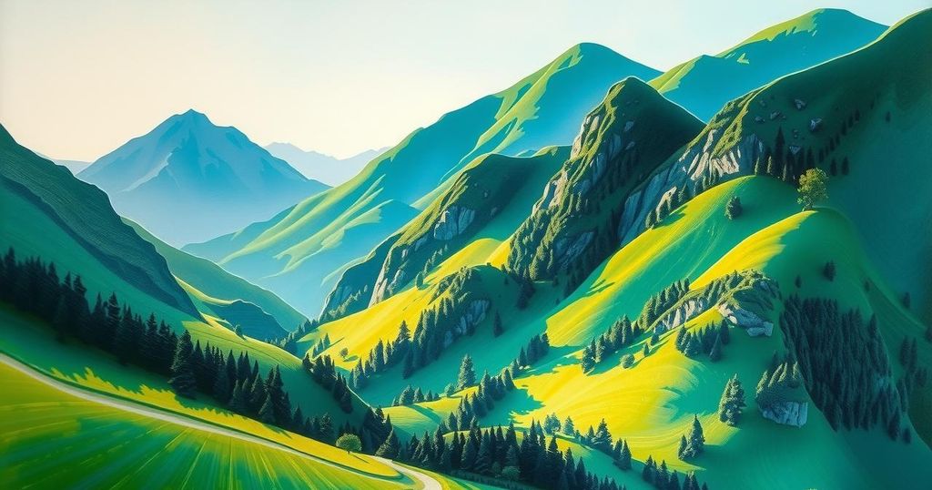 A serene landscape showing a blend of Germany and Peru's natural beauty, showcasing mountains and greenery.