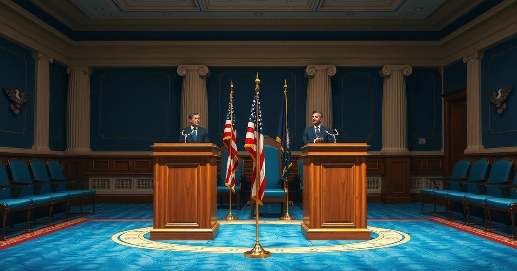 A tense Senate hearing room with flags and empty chairs, as two empty podiums reflect a heated debate atmosphere.