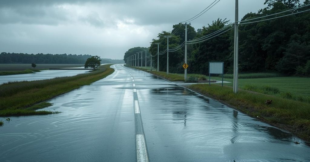 A flooded highway in Argentina surrounded by rushing water and saturated earth, reflecting heavy rainfall.