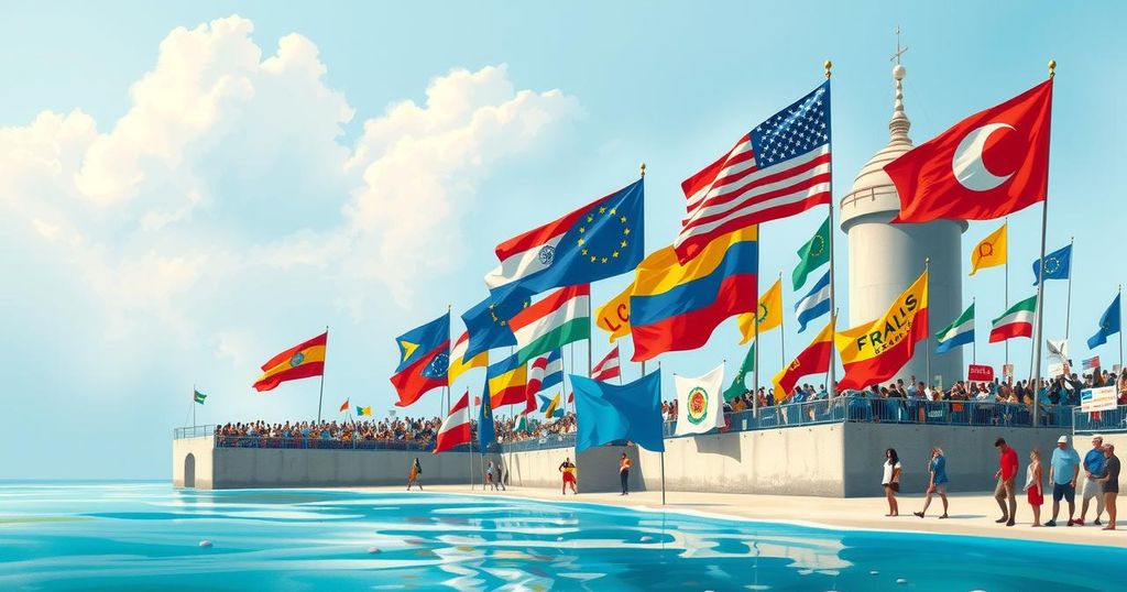 A peaceful protest scene with banners and diverse flags against a serene coastal backdrop