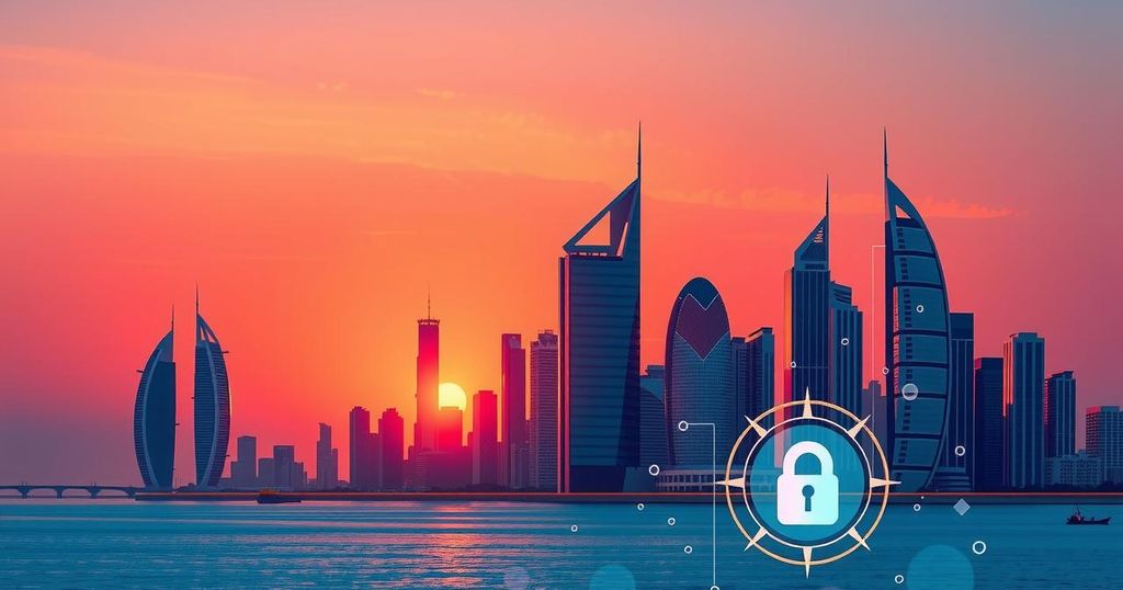 A modern city skyline in the United Arab Emirates with insurance-related symbols in a sunset color scheme.