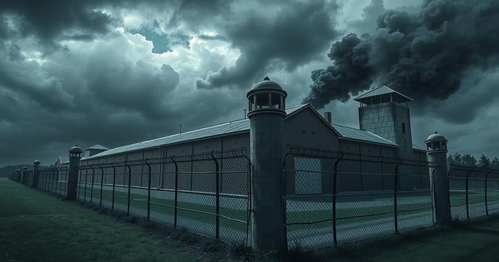 A secure prison building surrounded by barbed wire and guards, with a dramatic sky and muted colors.