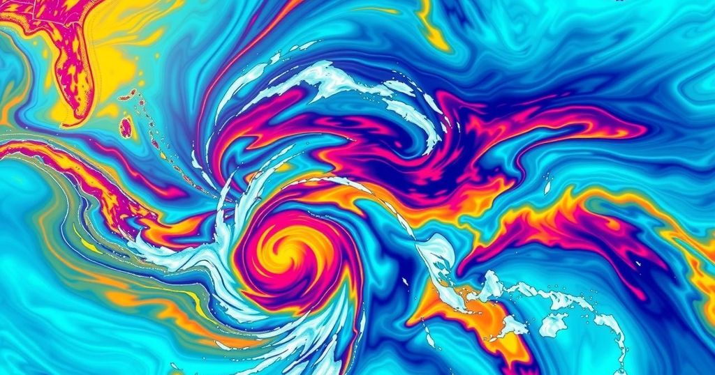 Colorful weather forecast graphic showing hurricanes over the Atlantic with storm patterns and warmer ocean temperatures.