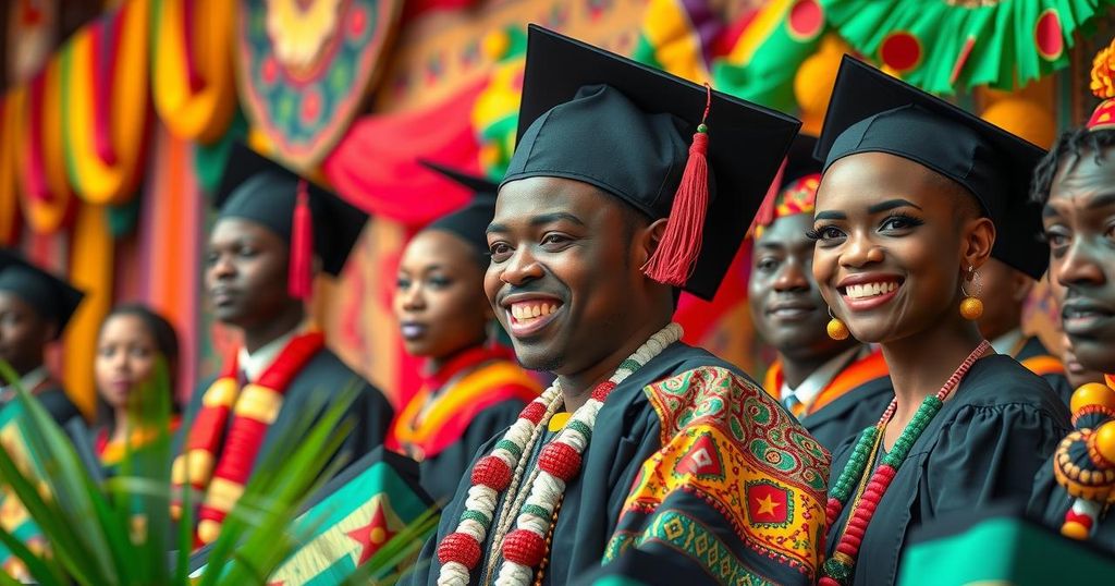 A vibrant celebration scene with traditional Cameroonian decoration and cultural elements, capturing a graduation ceremony.