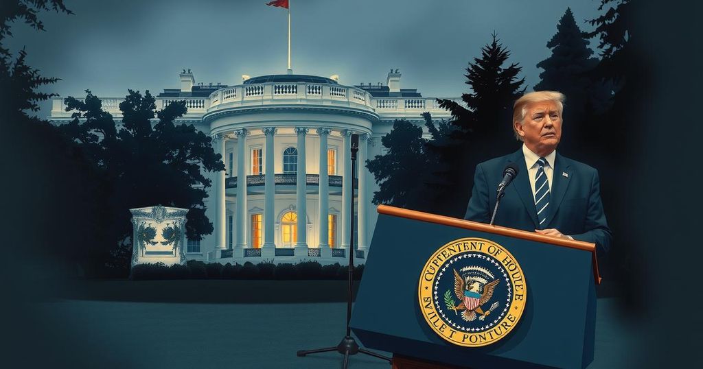 A heated press conference scene at the White House with a podium and microphones, a tense atmosphere.