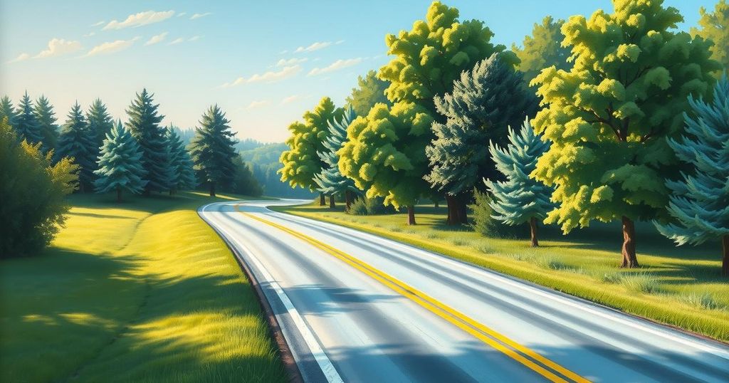 A serene landscape featuring a tranquil road winding through trees, representing reflection and consequence in life.