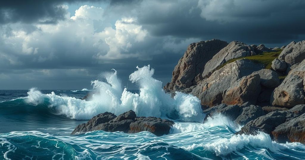 Strong winds and high ocean waves crashing against rocky shores under stormy skies.