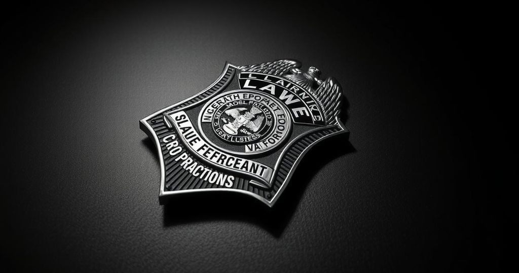 A police badge with handcuffs and a dark background symbolizing law enforcement actions.