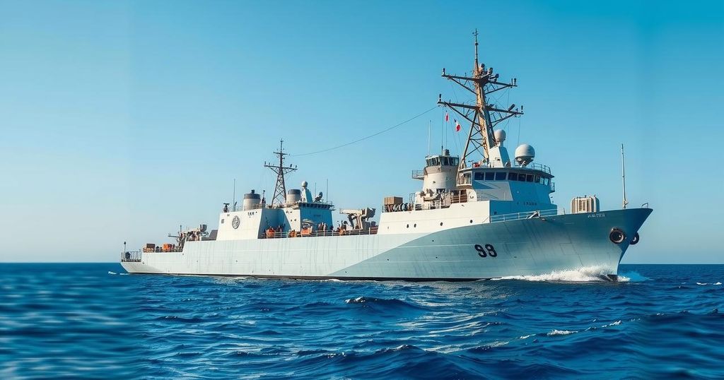 A naval ship inspecting vessels in the ocean under a clear sky, highlighting international security efforts.