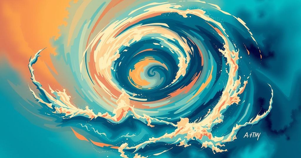 Vibrant hurricane forecast illustration featuring swirling storm patterns and warm ocean colors, coded for weather data.