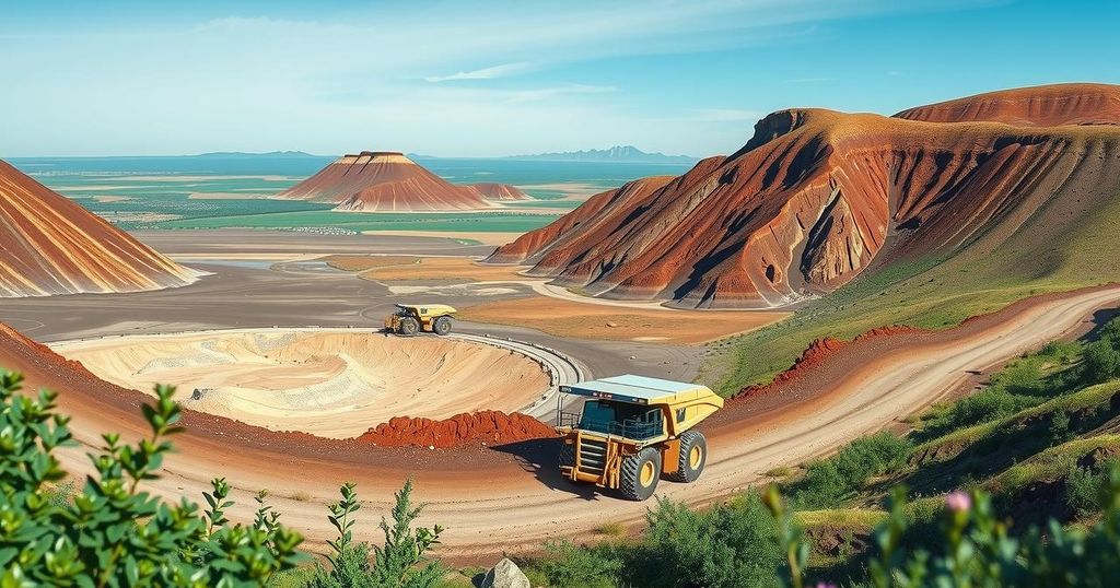 A landscape featuring autonomous mining trucks operating in a rugged terrain of Inner Mongolia, showcasing innovation.